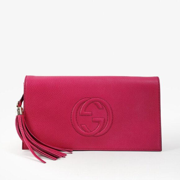 Gucci Pink Leather GG Interlock ClutchThe bright Gucci Pink Leather Logo Flap Cl - Picture 1 of 12